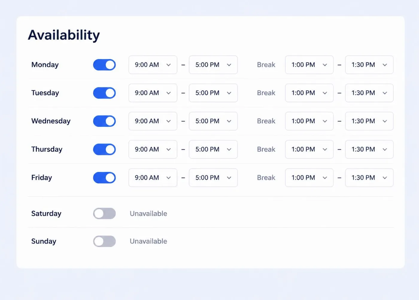 ScheduleSpring availability screen, illustrative software preview with fictional demonstration data