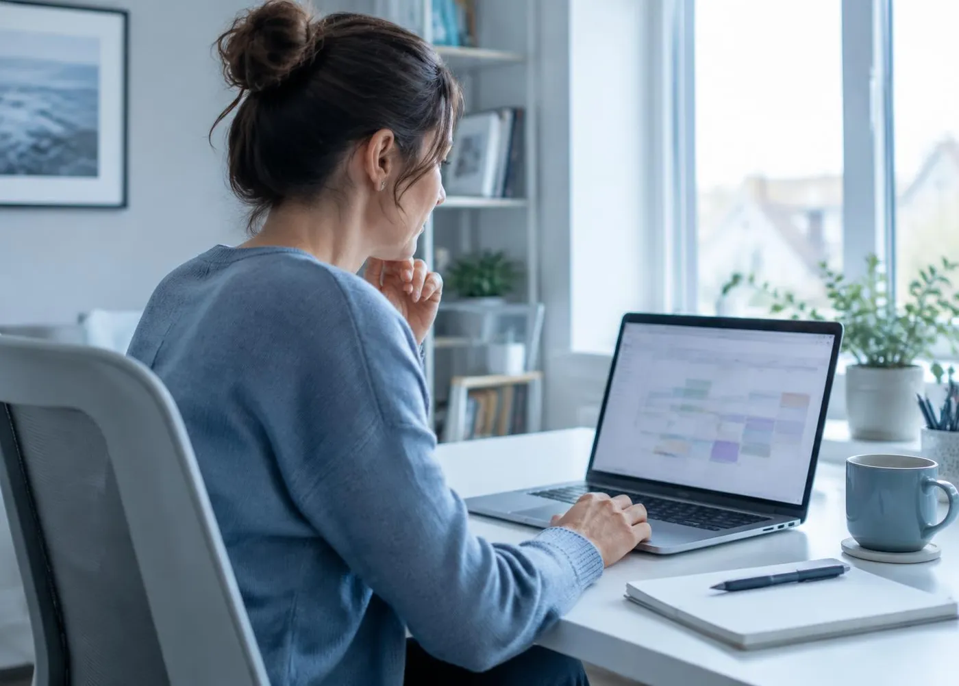 Consultant reviewing a weekly schedule on a laptop in a bright home office