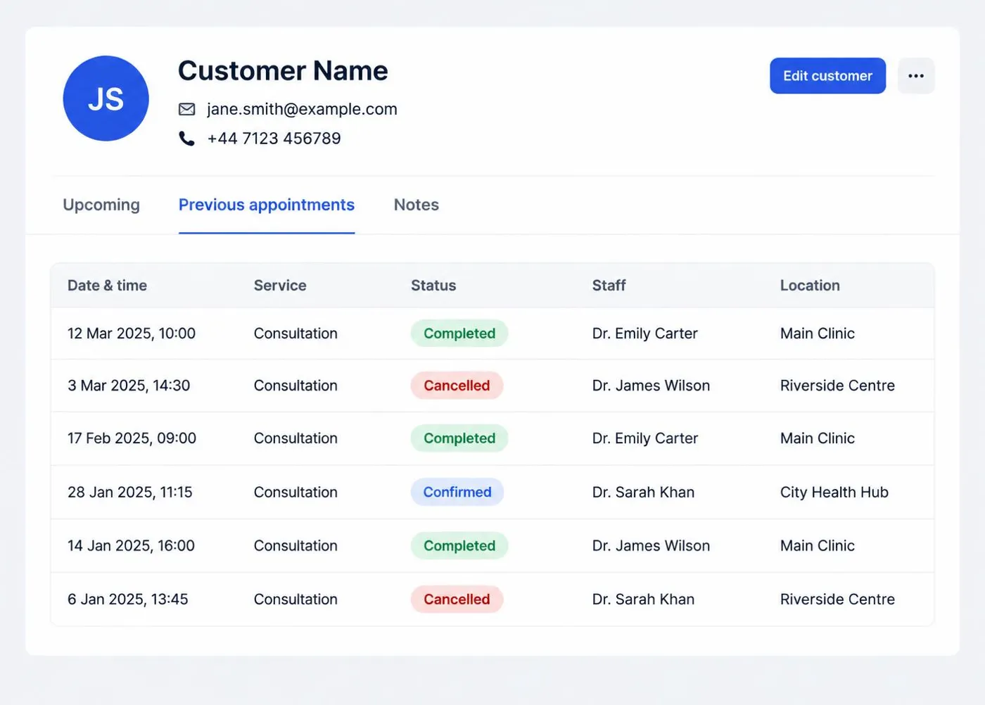 ScheduleSpring customers screen, illustrative software preview with fictional demonstration data