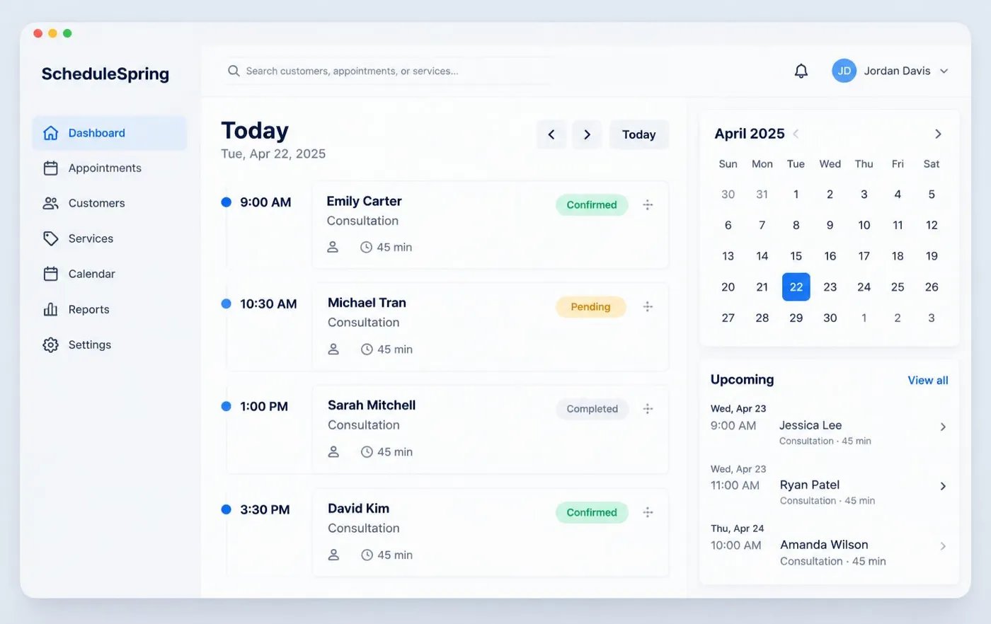 ScheduleSpring daily schedule showing appointment cards with times, customers, services and Confirmed, Pending and Completed statuses