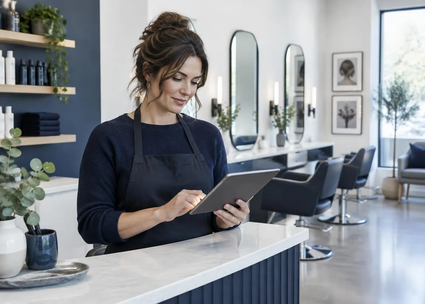 Salon owner checking the day’s bookings on a tablet at the front desk